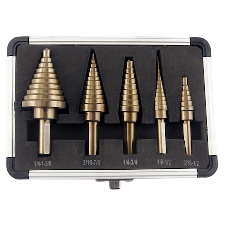 Segomo Tools 5 Piece SAE Multiple Hole 50 Sizes HSS Step Drill Bit Set w/Aluminum 1801112